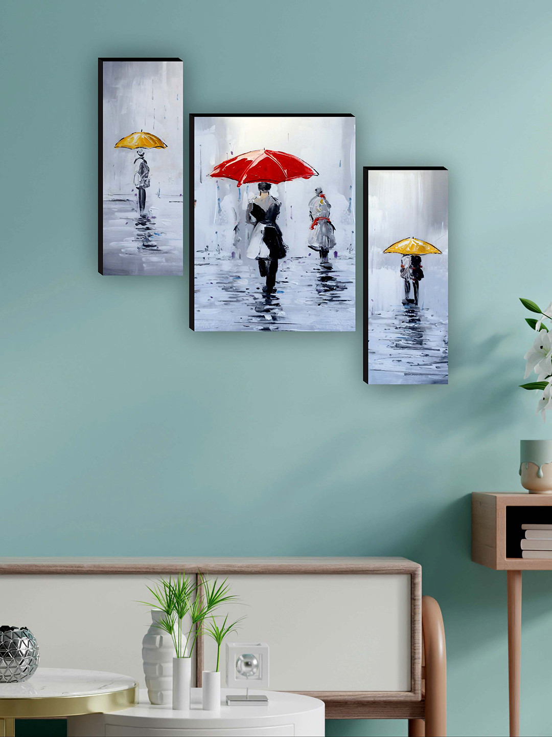 SAF Blue & Grey 3 Pieces Traditional Rainy Umbrella Modern Painting Framed Wall Art