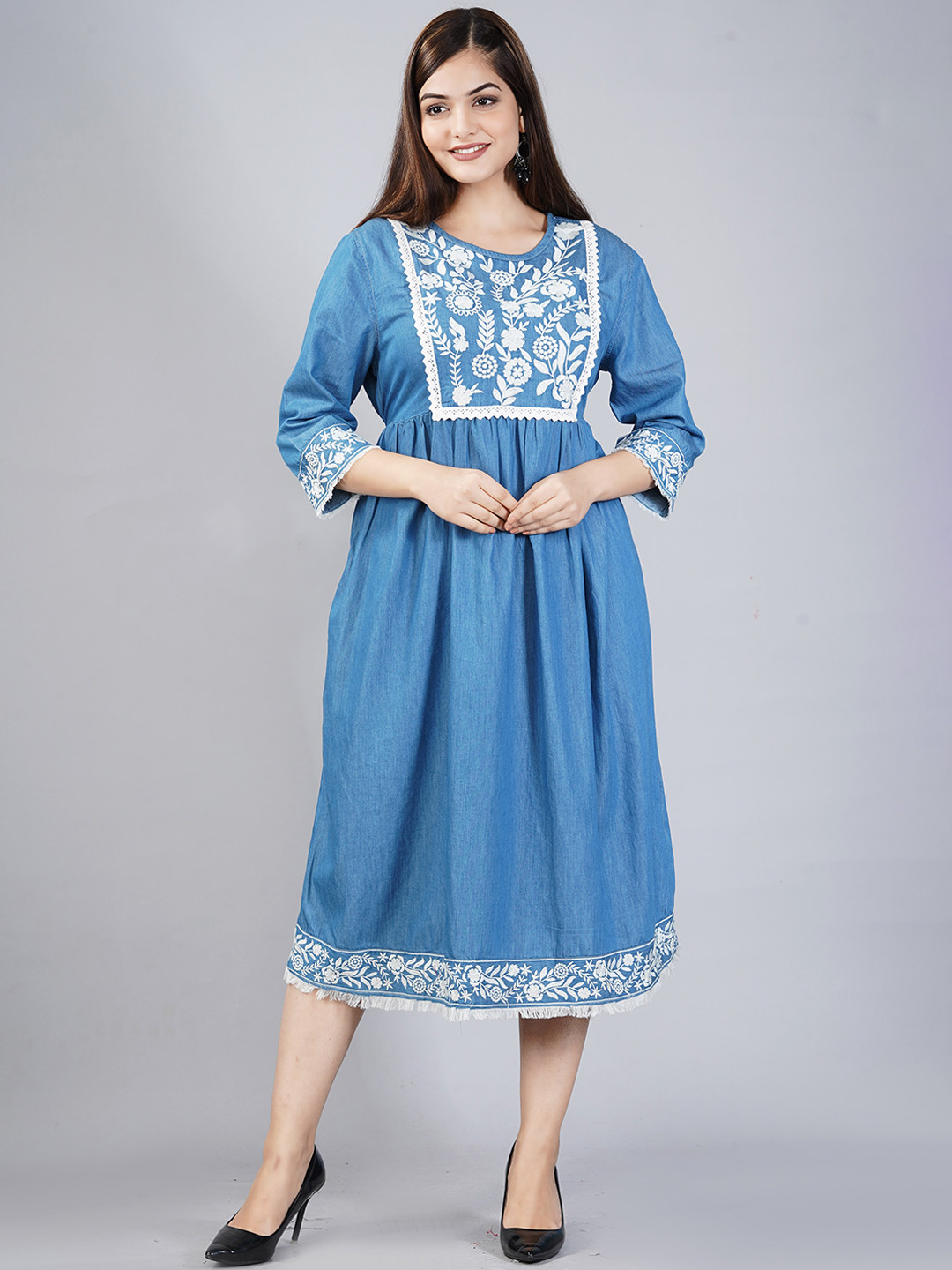 SUMAVI-FASHION Floral Embroidered A-Line Denim Dress