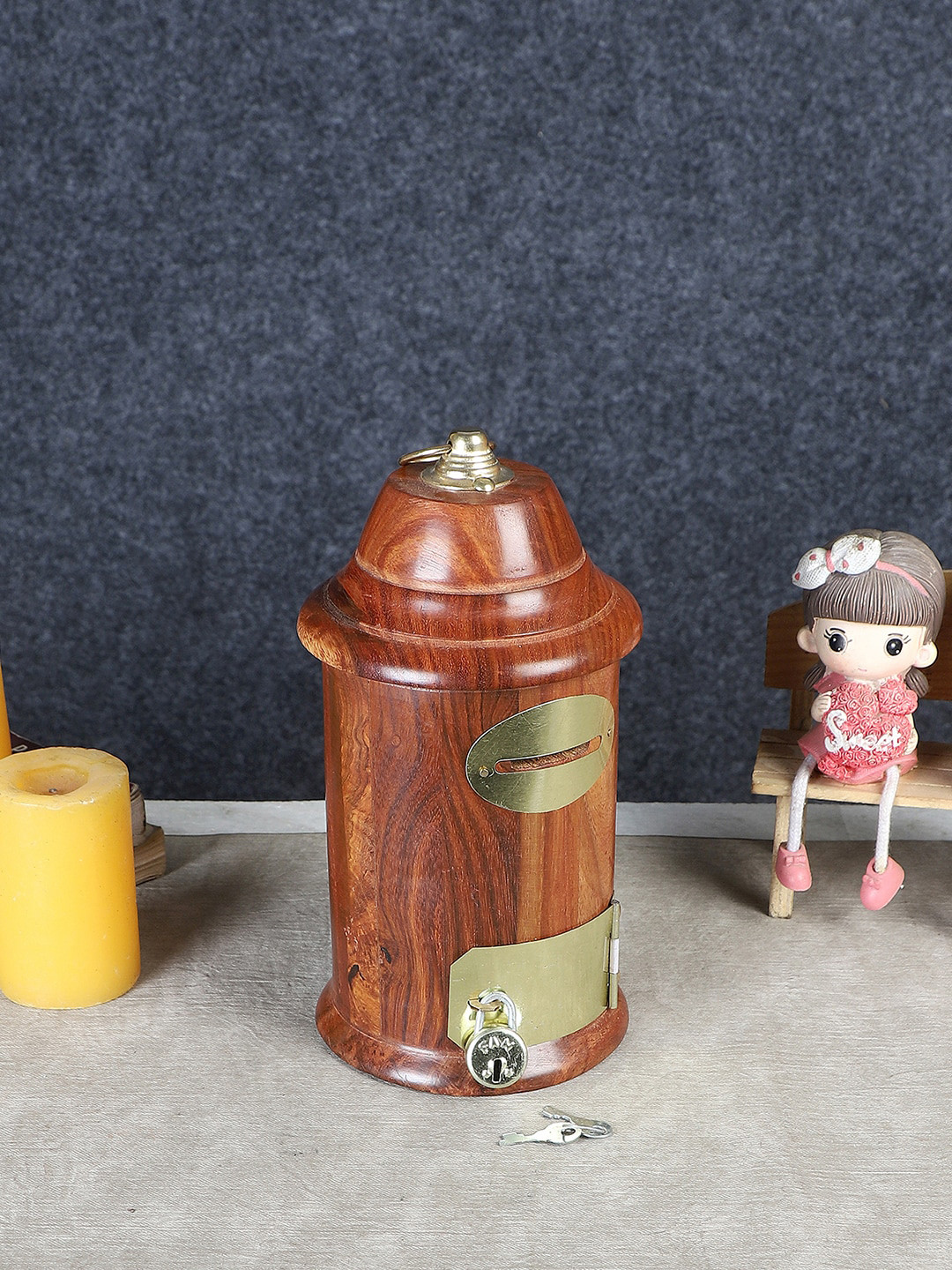 EXIM DECOR Letter Box Piggy Bank Brown Wood Metallic Bedroom Hand-Crafted Medium Showpiece - 8 Inches