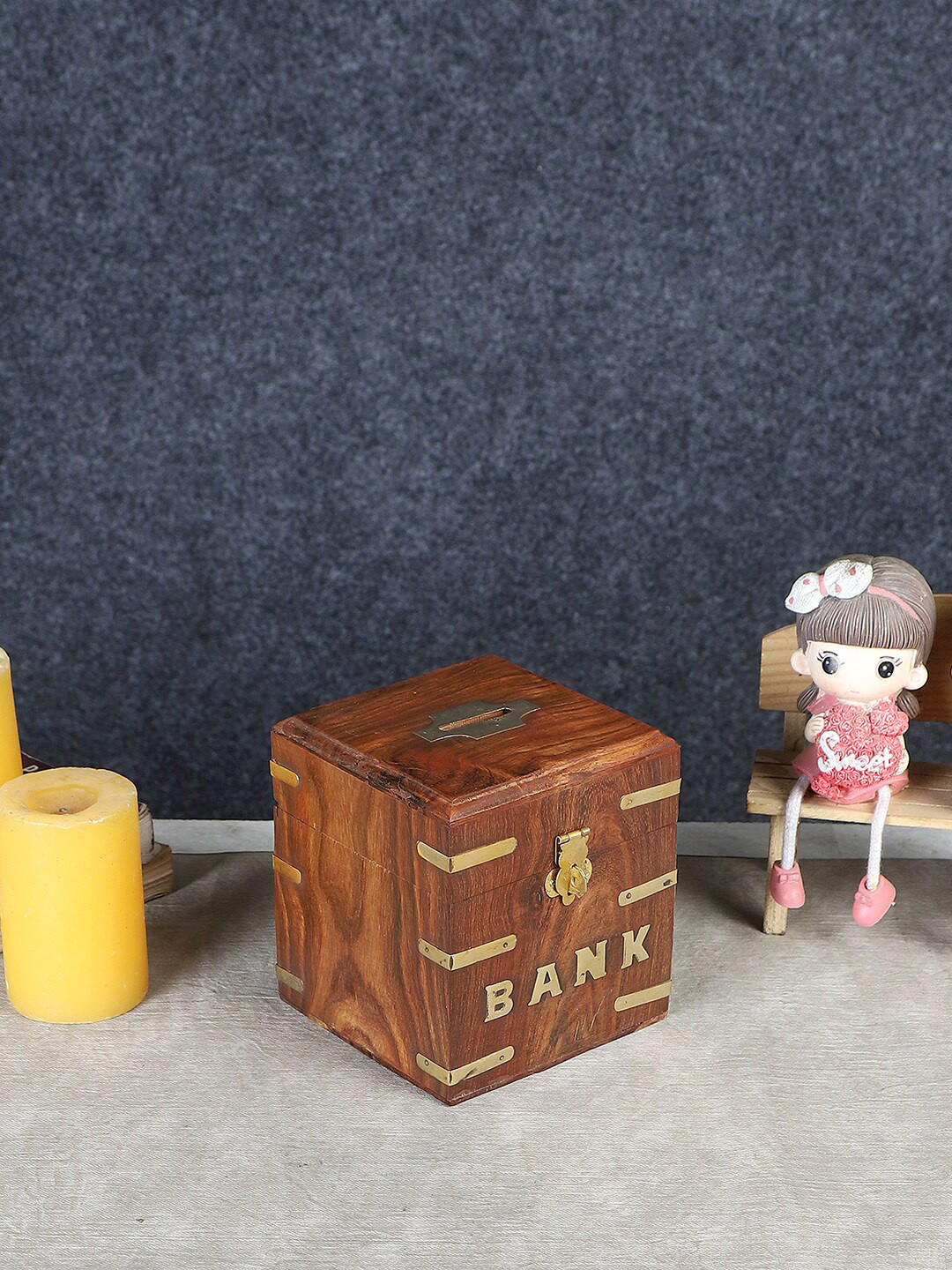 EXIM DECOR Square Piggy Bank Brown Wood Natural Living Room Hand-Crafted Medium Showpiece - 1.7 Inches