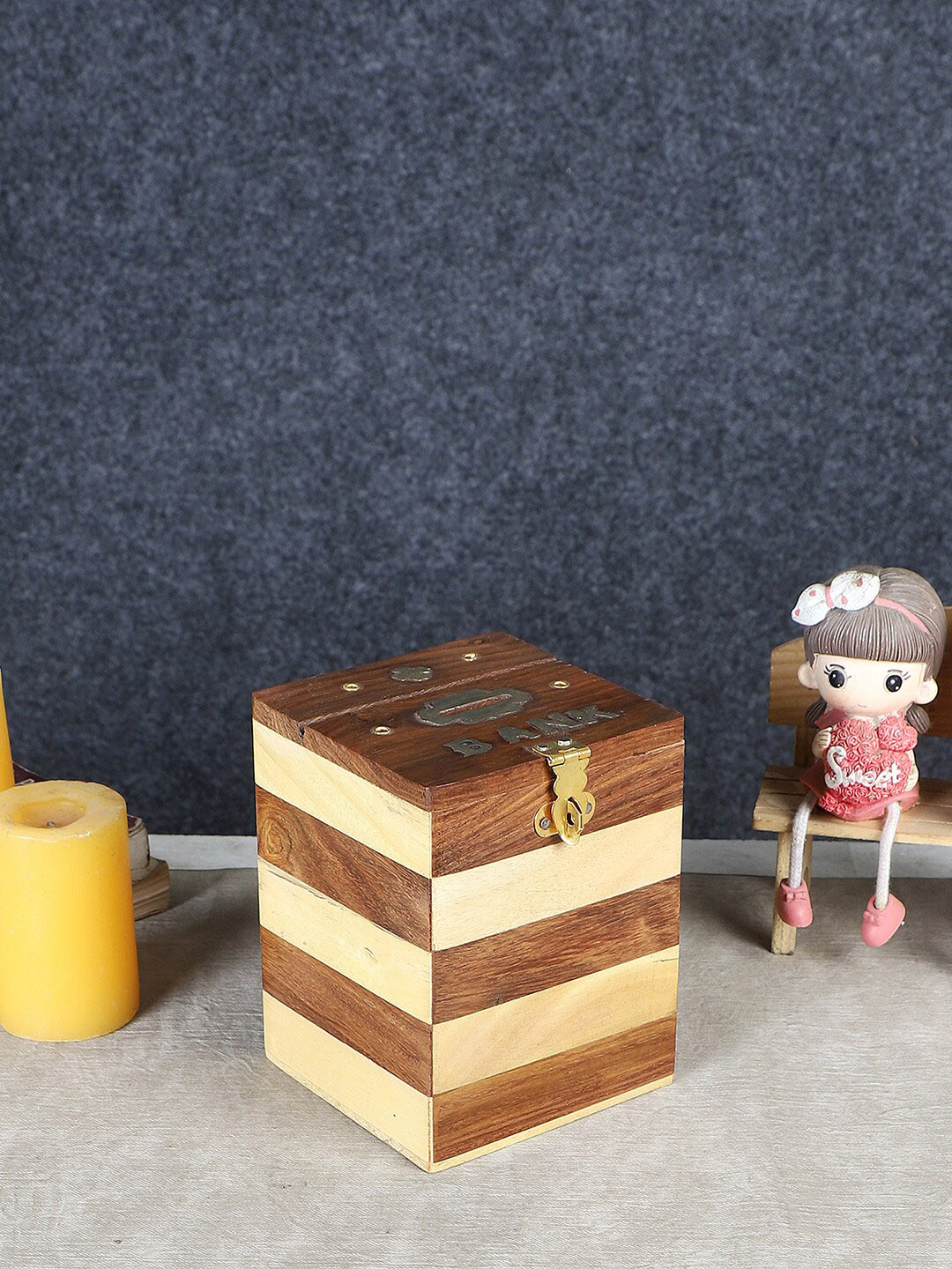 EXIM DECOR Brown Pine and Sheesham Wood Square Piggy Bank Showpiece