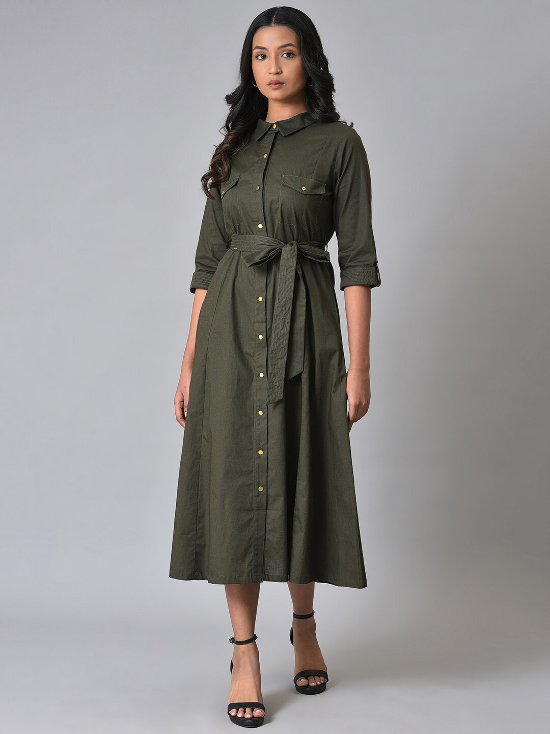 W Rool-Up Sleeves Pure Cotton Shirt Midi Dress