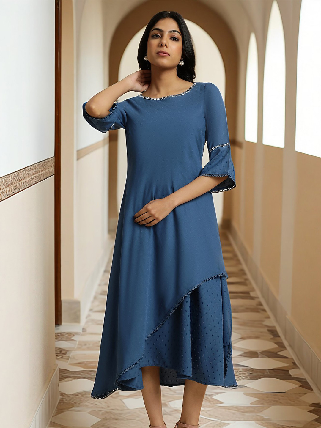 W Blue Bell Sleeves Layered  A-Line Midi Dress