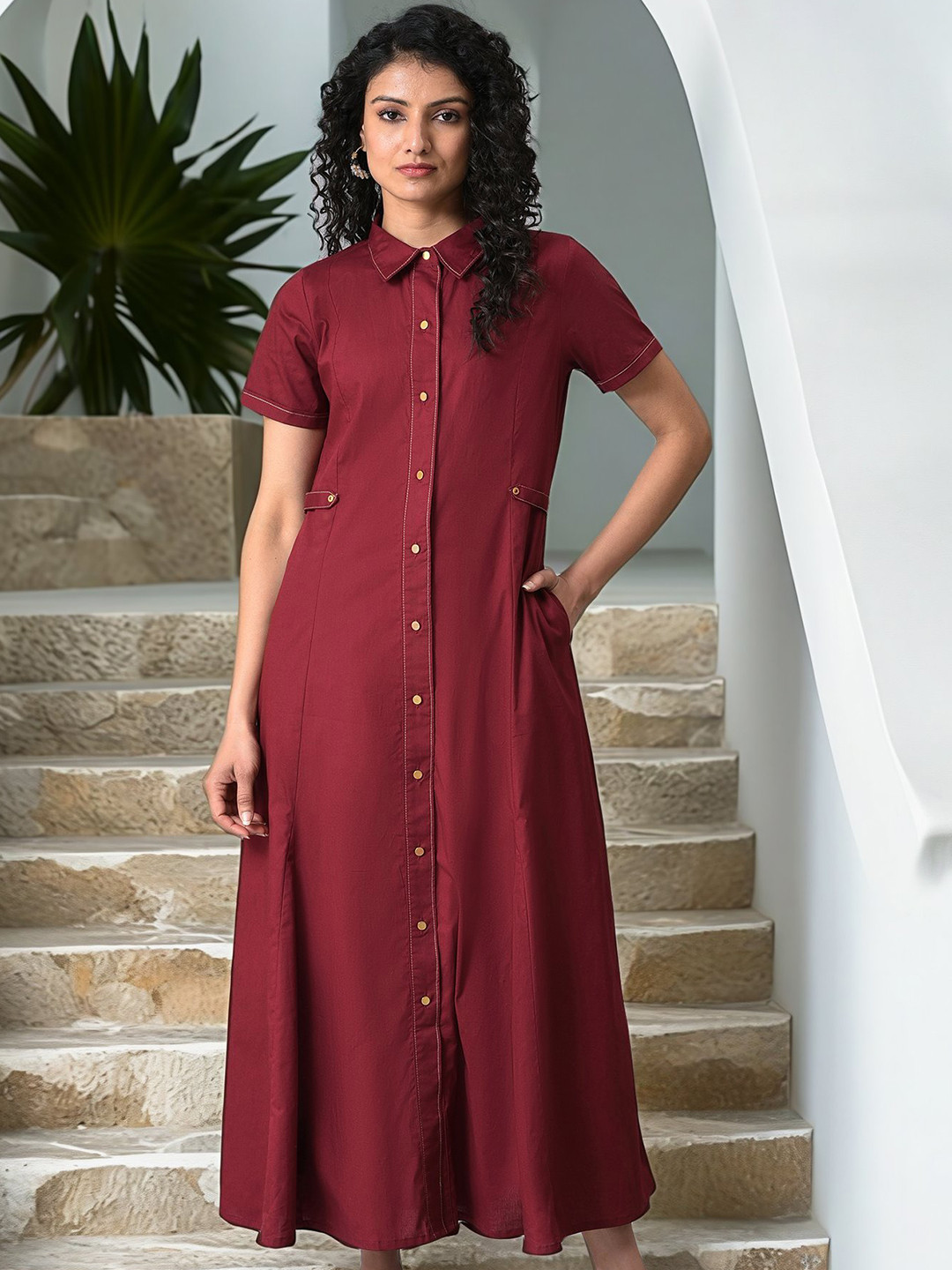 W Flared Hem Pure Cotton Shirt Maxi Dress