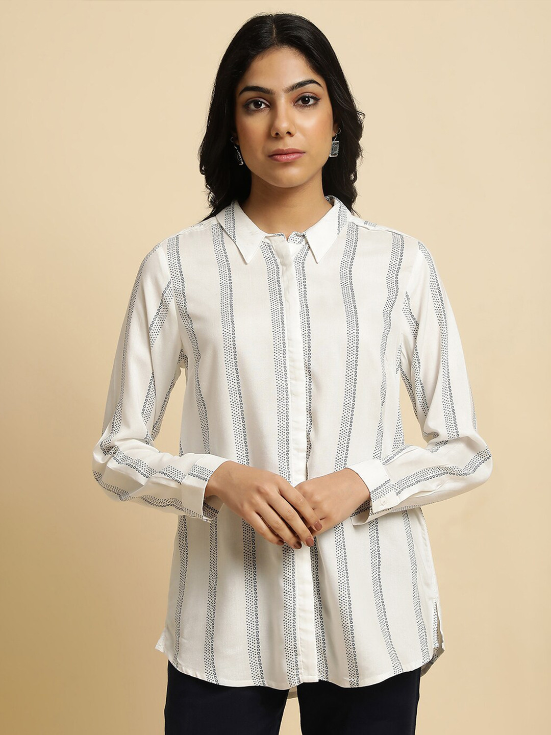W Off White Opaque Striped Casual Shirt