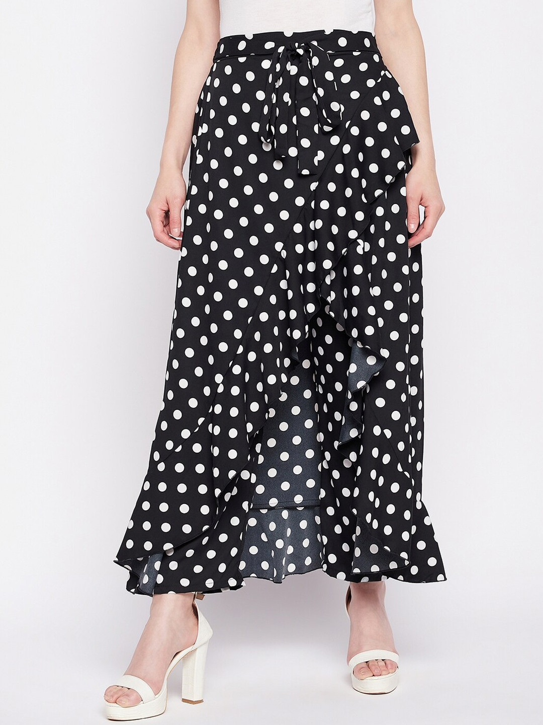 NABIA Polka Dot Printed Ruffled Frilled Maxi Skirt With Attached Trousers