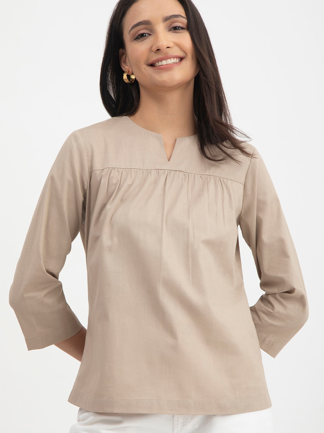 FableStreet Notched Neck Gathered or Pleated Linen Top