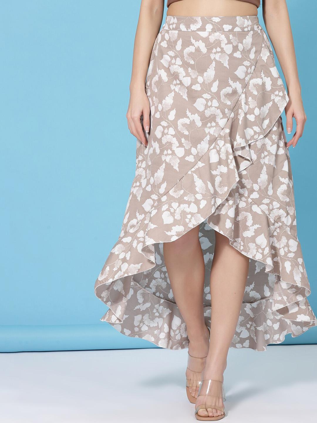 Oomph! Floral Printed Wrap Ruffled Midi Skirt