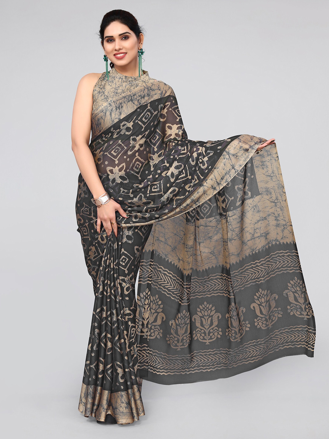 KALINI Black & Grey Batik Printed Saree