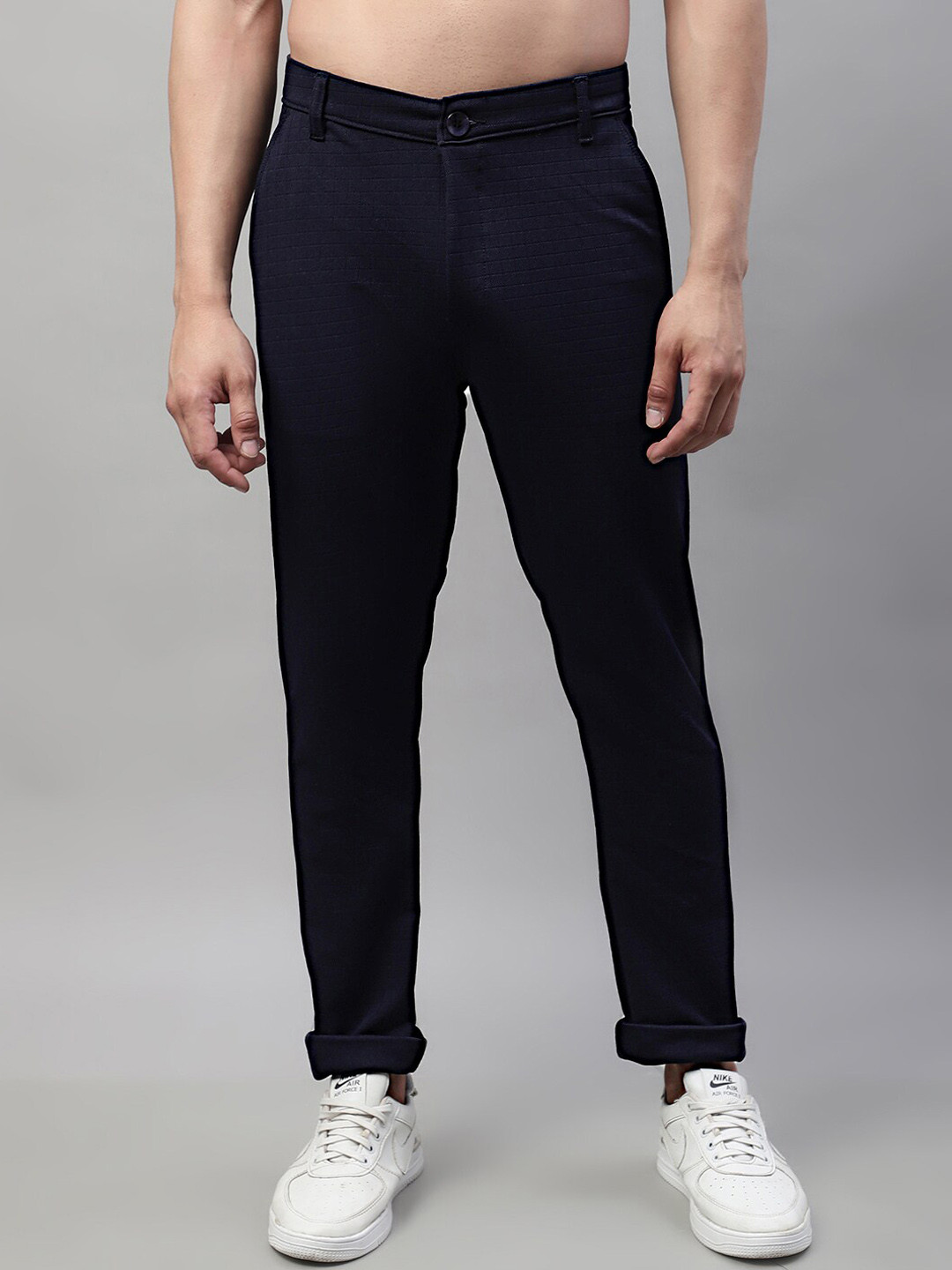 JAINISH Men Textured Relaxed Tapered-Fit Easy Wash Cotton Lycra Mid-Rise Regular Trousers