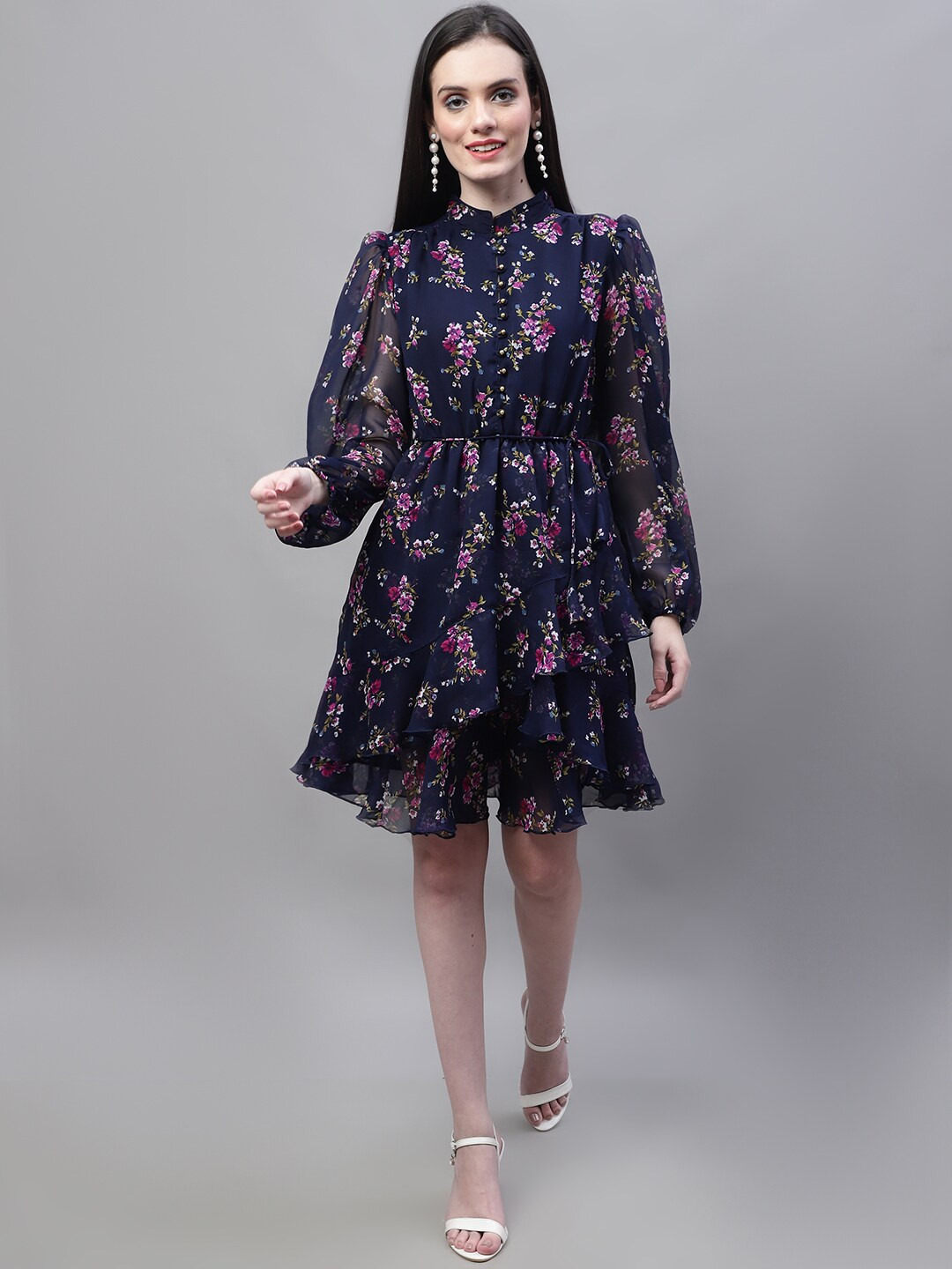 MARC LOUIS Mandarin Collar Floral Printed Layered Georgette Fit & Flare Dress