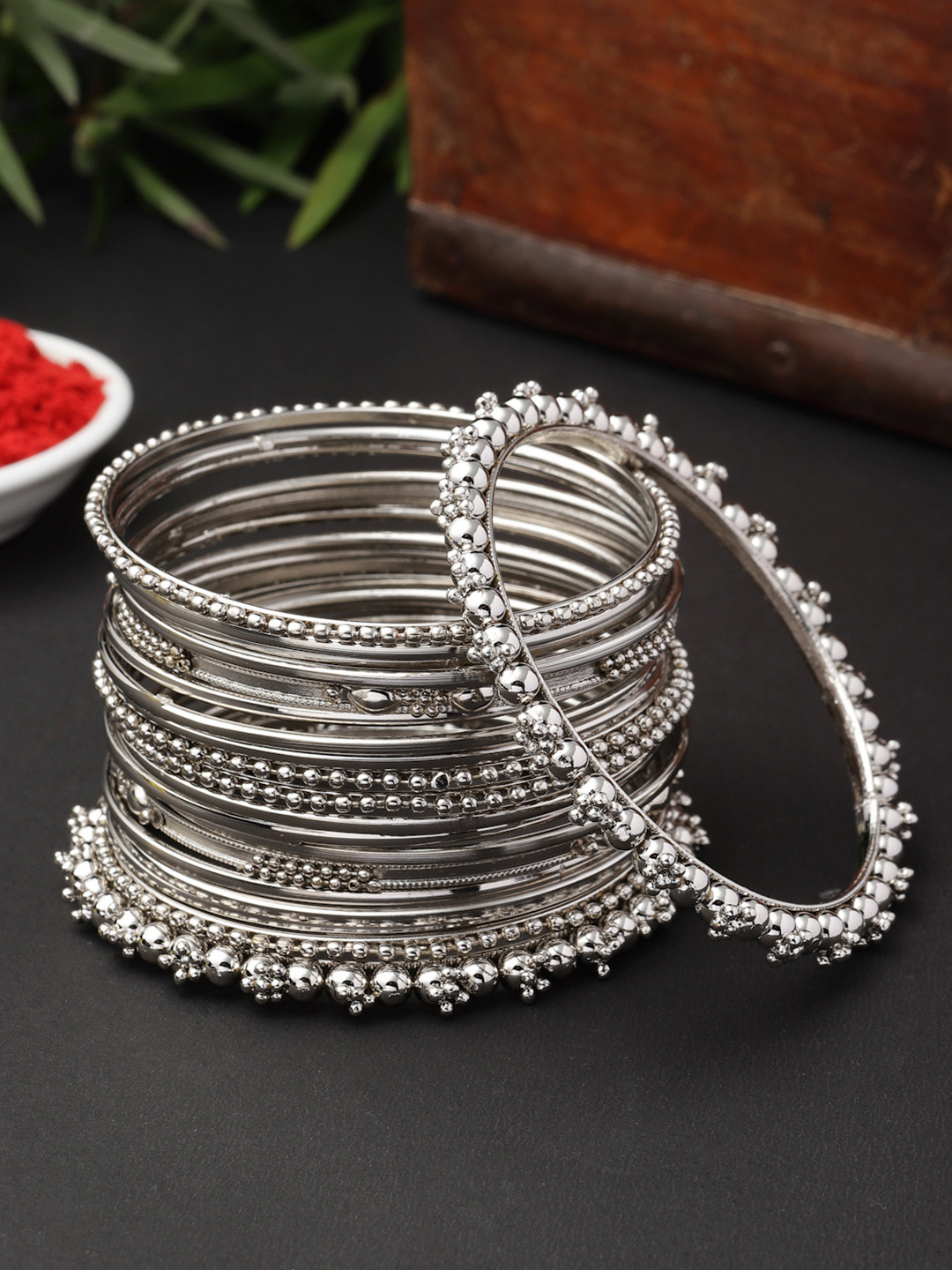ZENEME Set Of 20 Silver-Plated Oxidised Textured Bangles