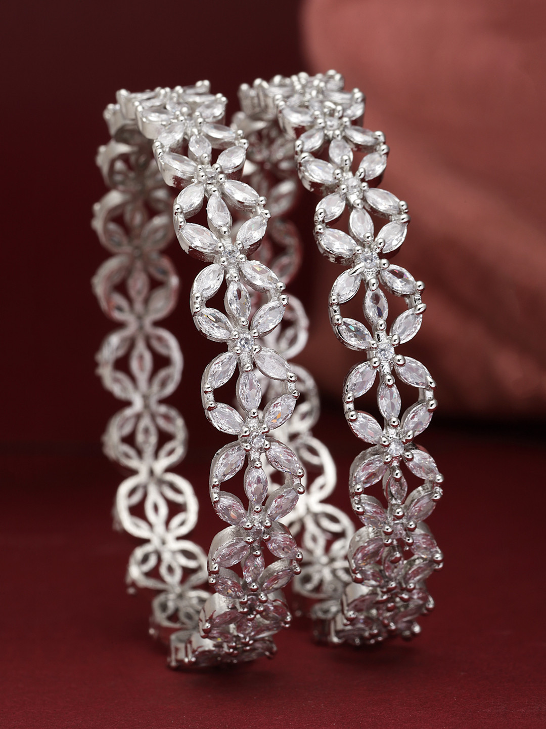 ZENEME Set Of 2Rhodium Plated Silver Toned American Diamond Bangle