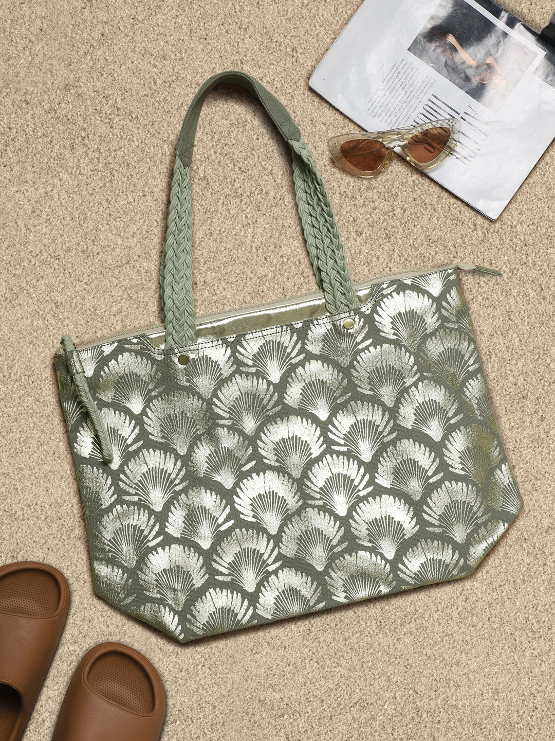 Berrylush Sea Green & Gold Ethnic Motif Printed Structured Tote Bag