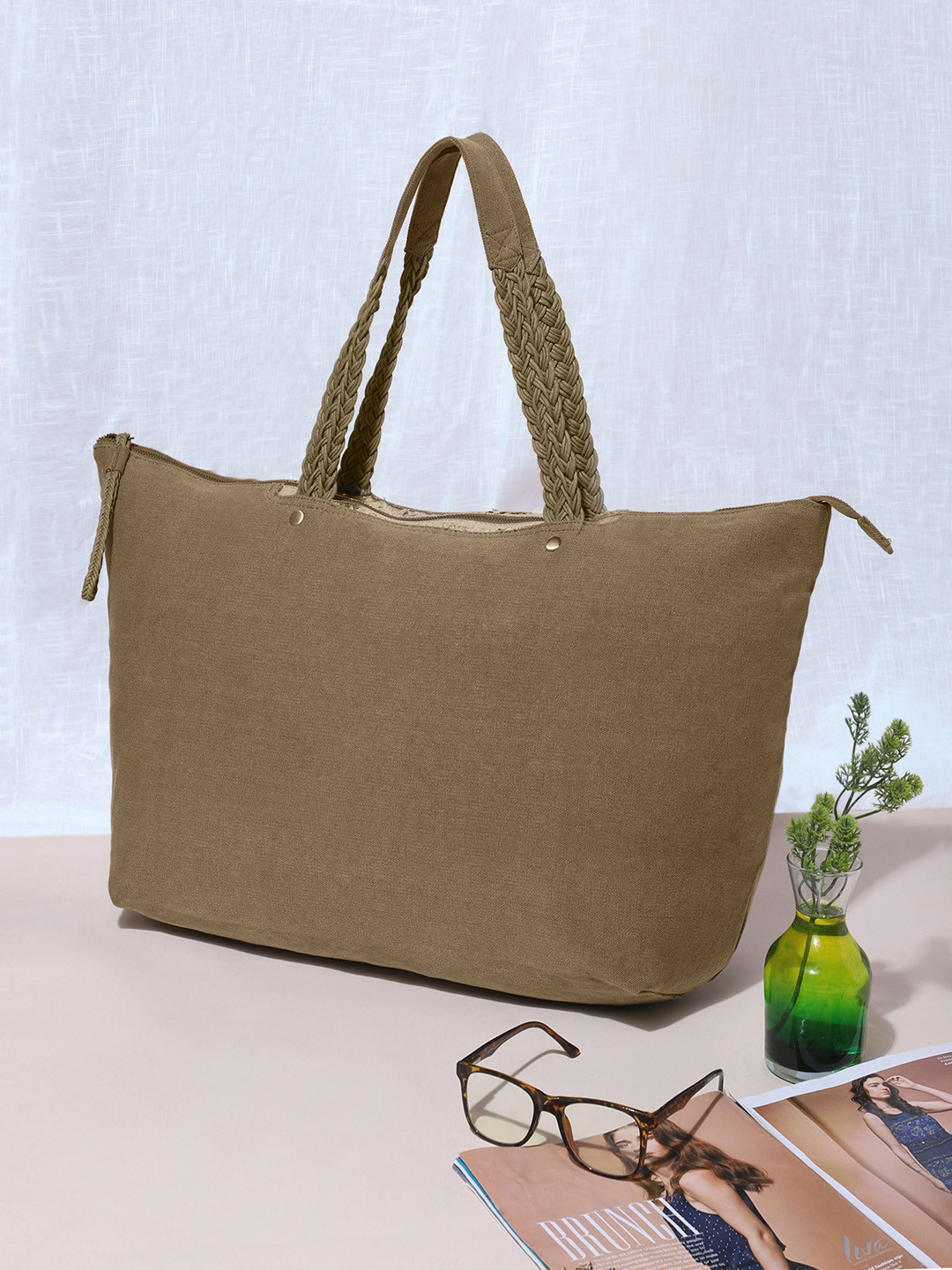 Berrylush Khaki Structured Oversized Tote Bag