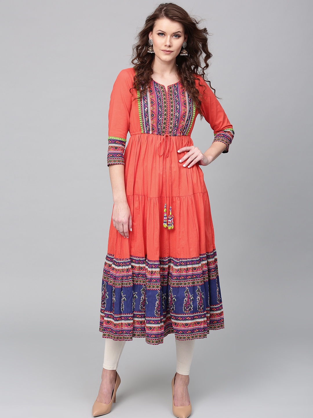 Rain Rainbow Women Coral Orange Blue Printed Tiered Anarkali Kurta