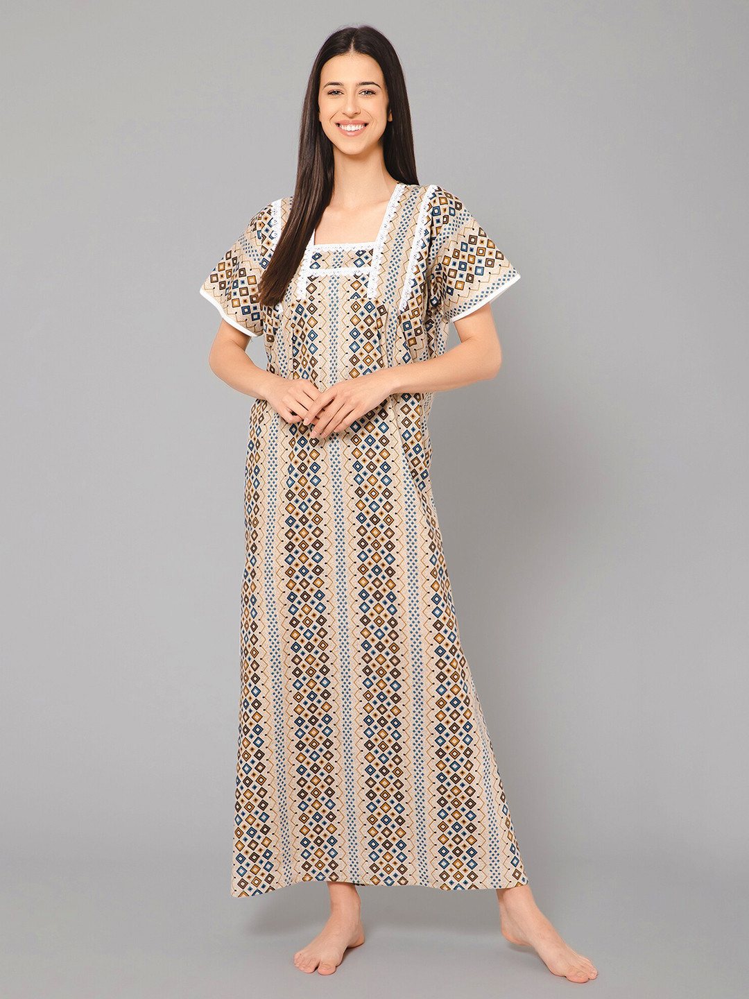 Winza Designer Geometric Printed Pure Cotton Maxi Nightdress