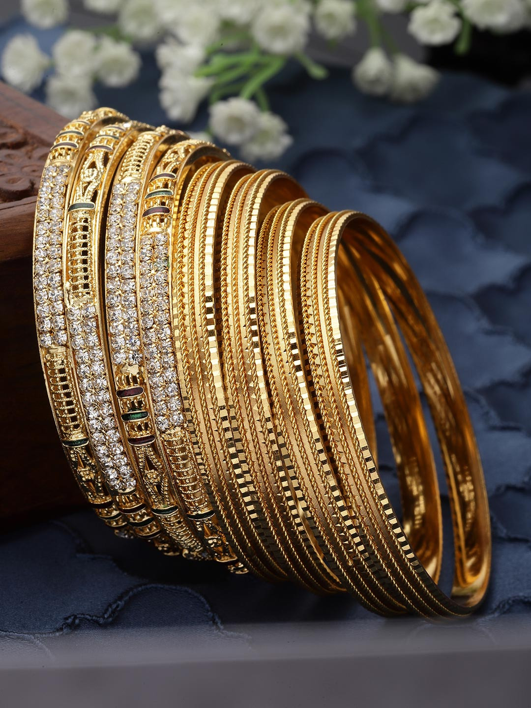 ZENEME Set Of 16 Gold-Plated CZ Studded Classic Bangles