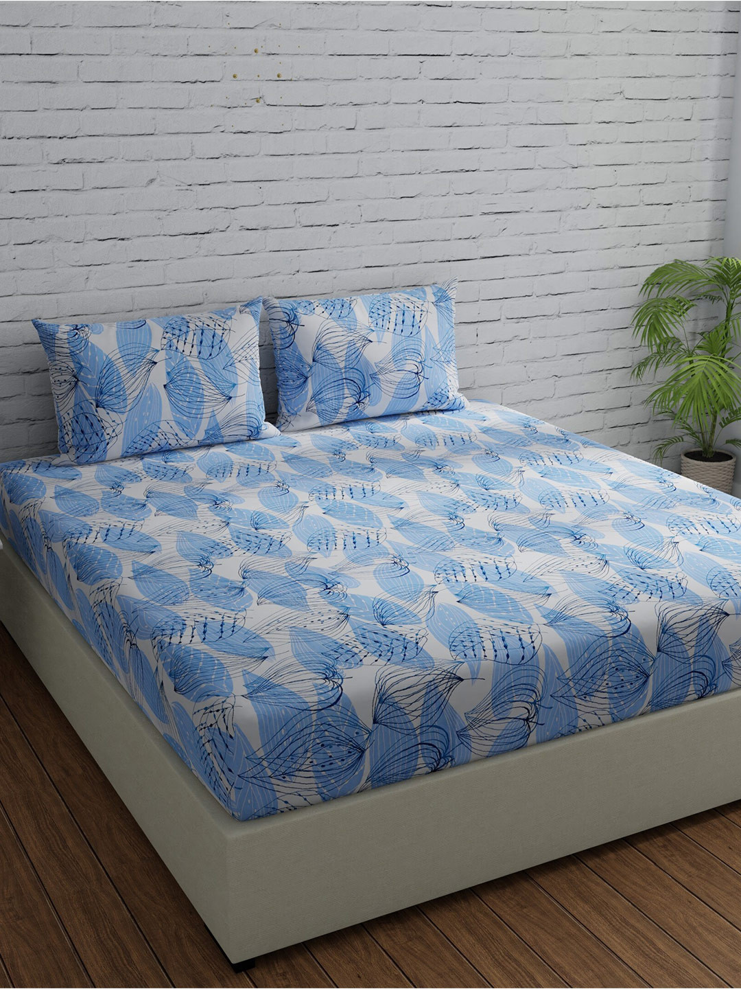Huesland Comfort Blue Leaf Cotton 144 TC King Bedsheet with 2 Pillow Covers-108 x 108 inches