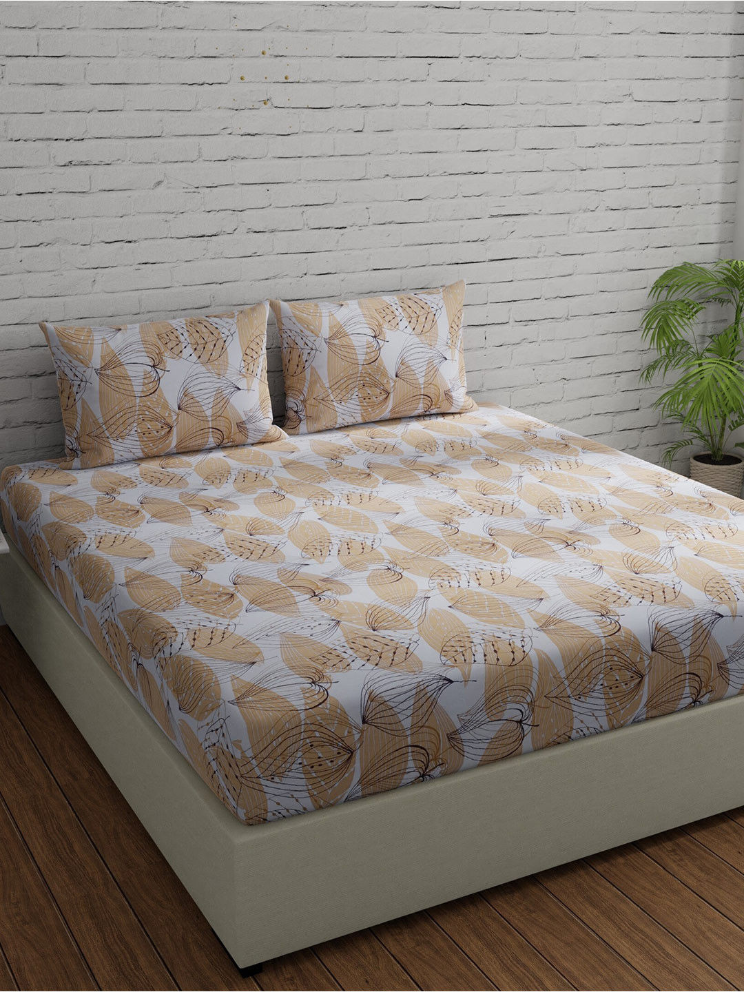 Huesland White Graphic Cotton 144 TC King Bedsheet with 2 Pillow Covers-108 x 108 inches