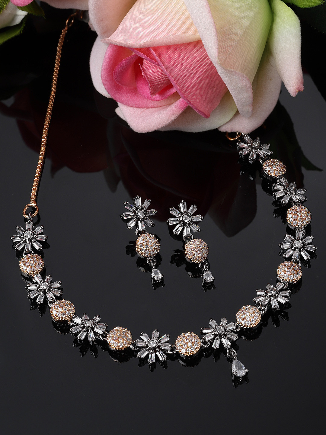 ZENEME Rose Gold-Plated Gunmetal Toned American Diamond-Studded Necklace & Earring Set