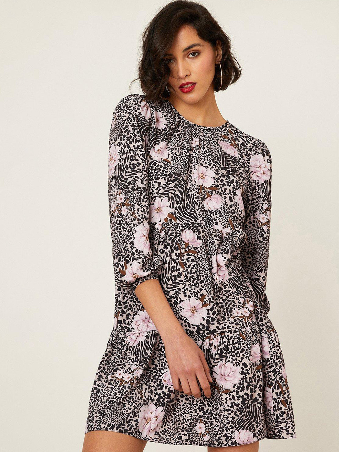 DOROTHY PERKINS Floral & Animal Print Puff Sleeves A-Line Mini Dress