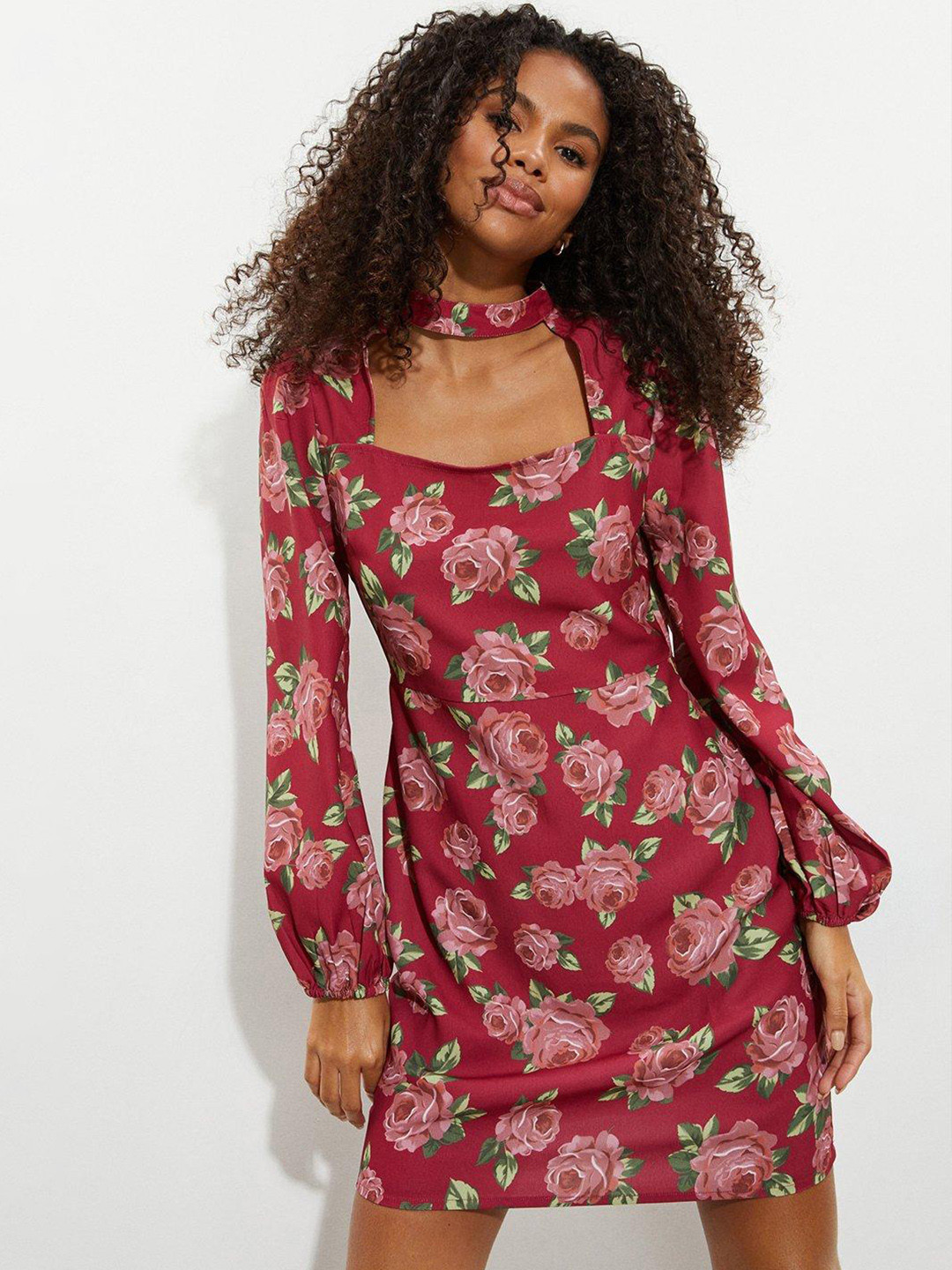 DOROTHY PERKINS Floral Print Choker Neck Puff Sleeve Formal A-Line Dress