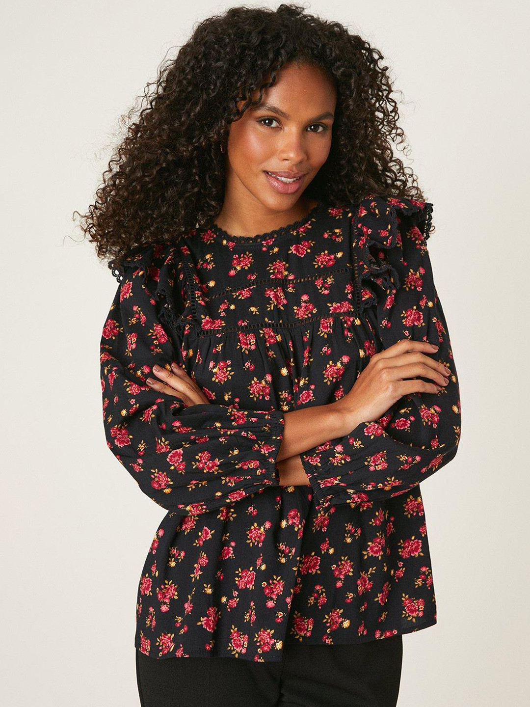 DOROTHY PERKINS Lace Trim Insert Floral Print Puff Sleeve Top