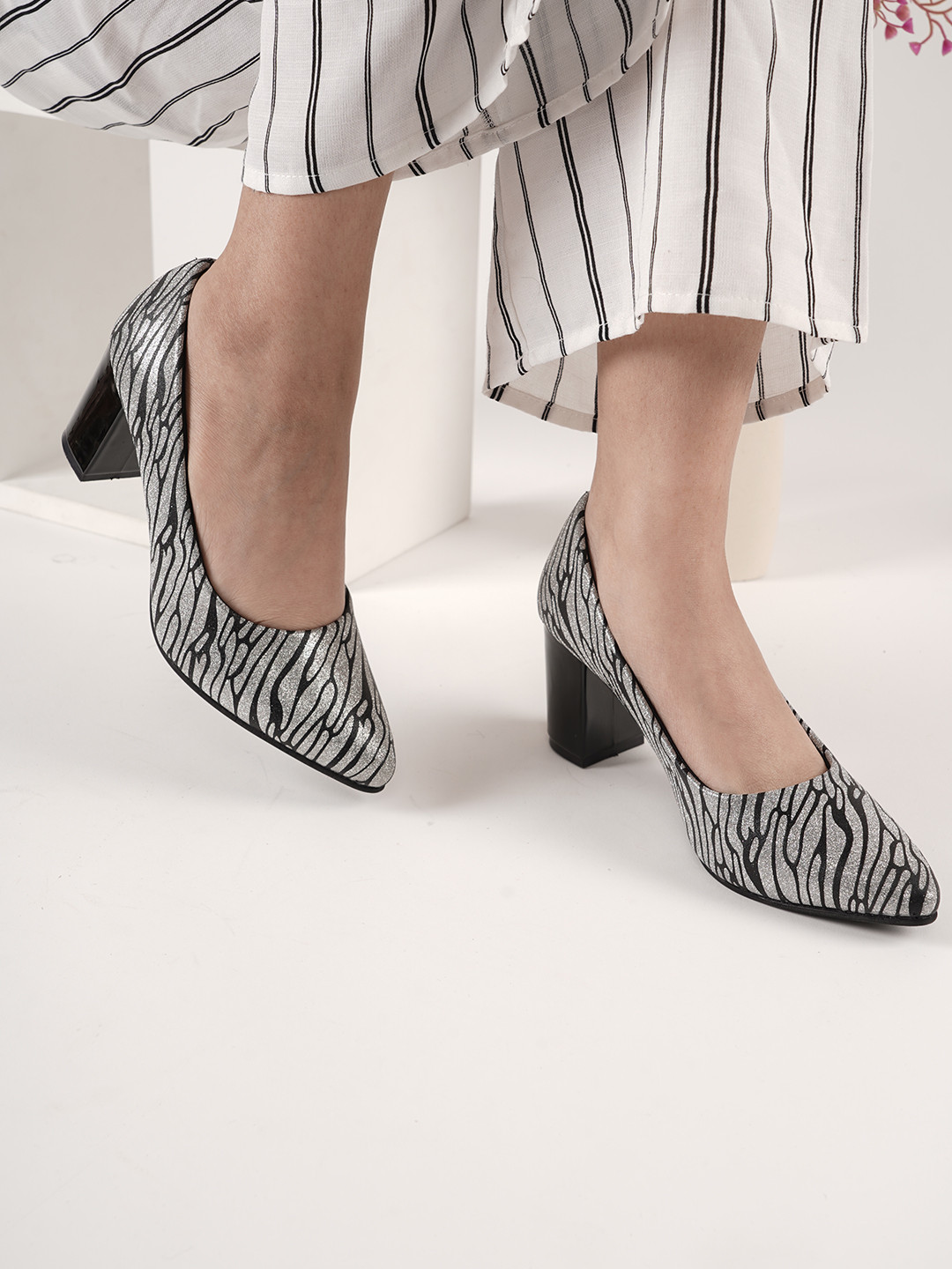 DressBerry Black And Silver-Toned Printed Block Heel Pumps