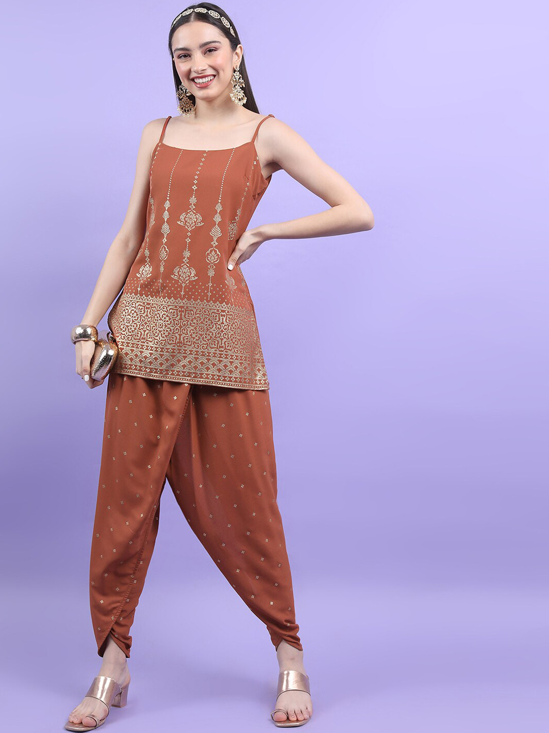 Vishudh Rust Ethnic Motifs Printed Regular Kurta with Dhoti Pants