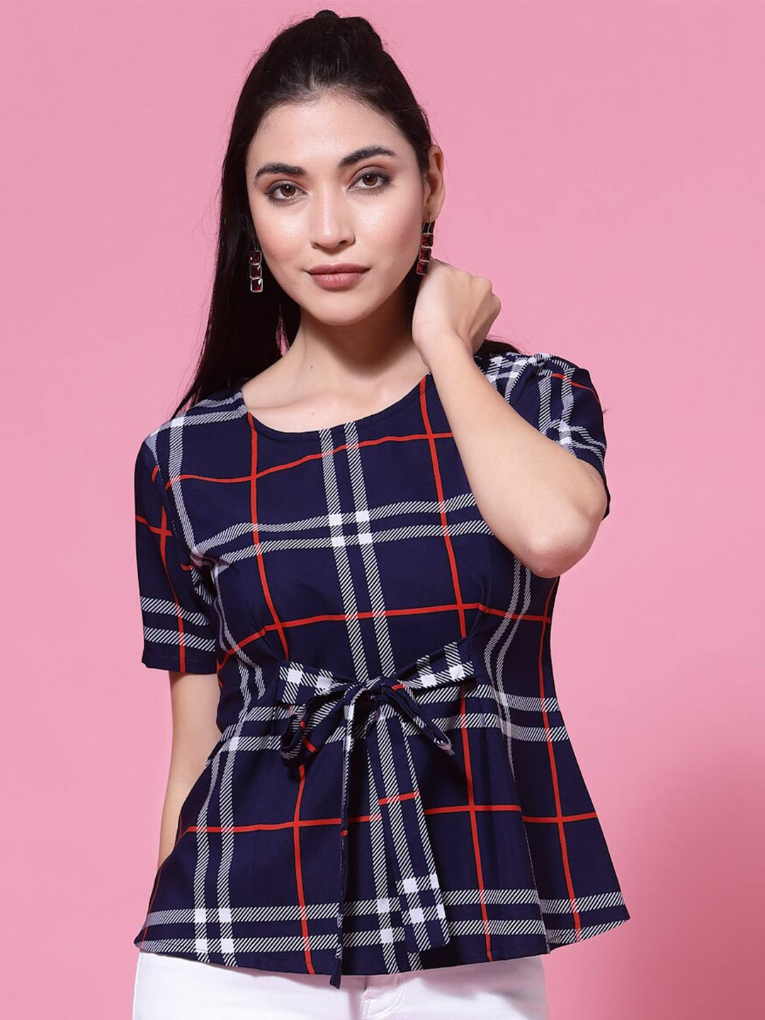 Oomph! Checked Cinched Waist Round Neck Short Sleeves Waist Tie-Ups Regular Top