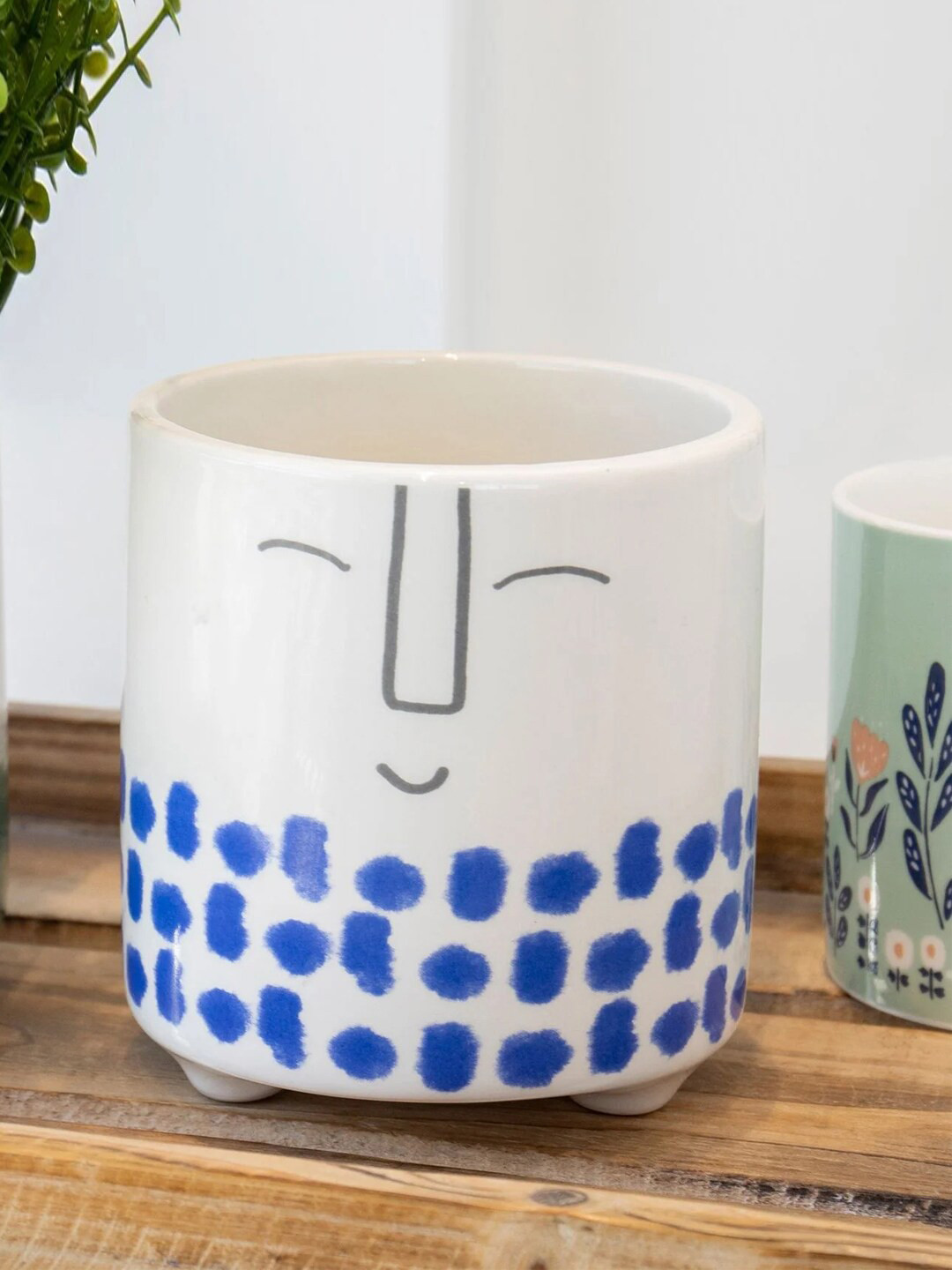 KitchenCraft White & Blue Happy Face Design Ceramic Pot Planter