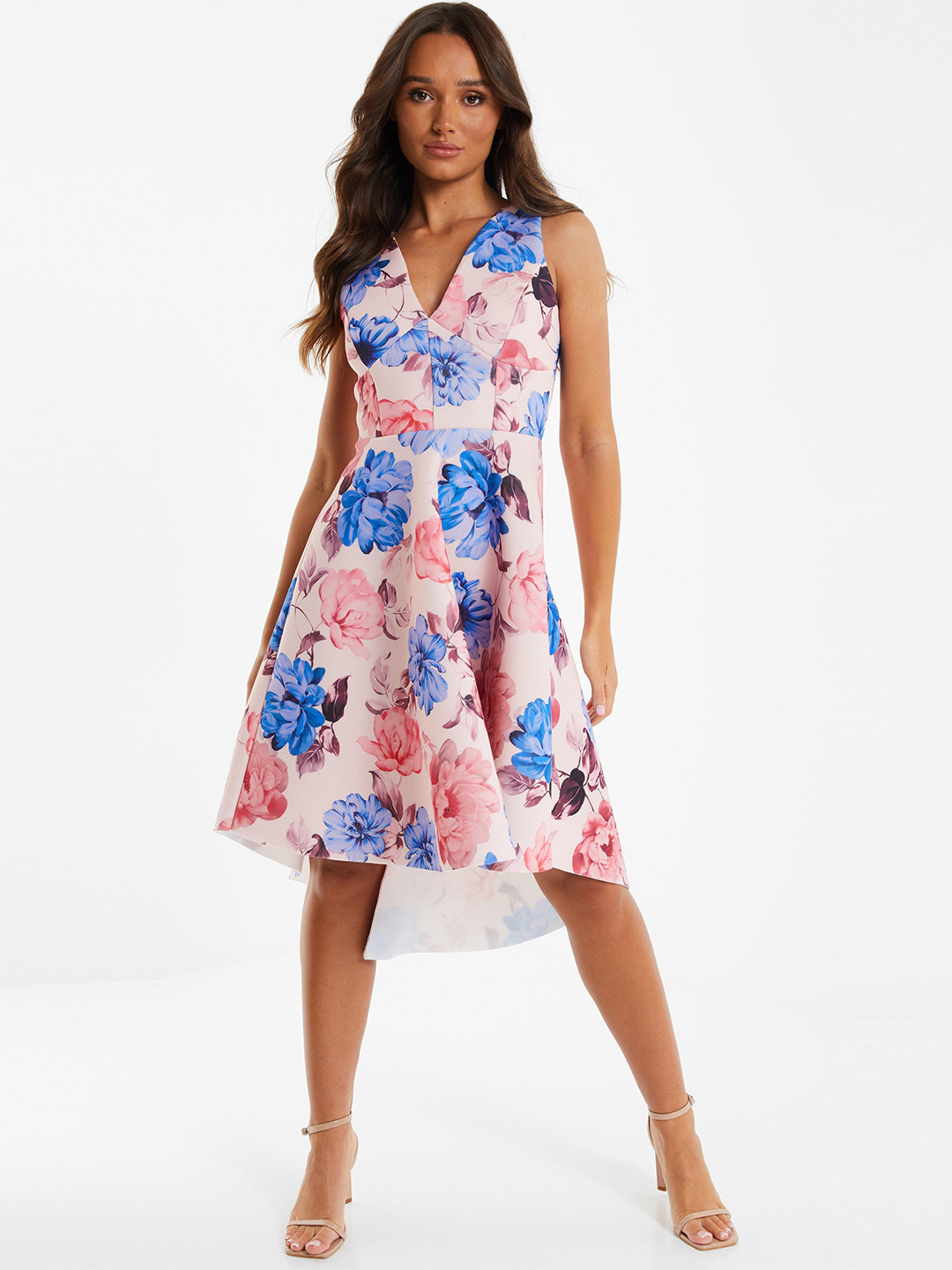 QUIZ Floral Printed V-Neck High Low A-Line Dress