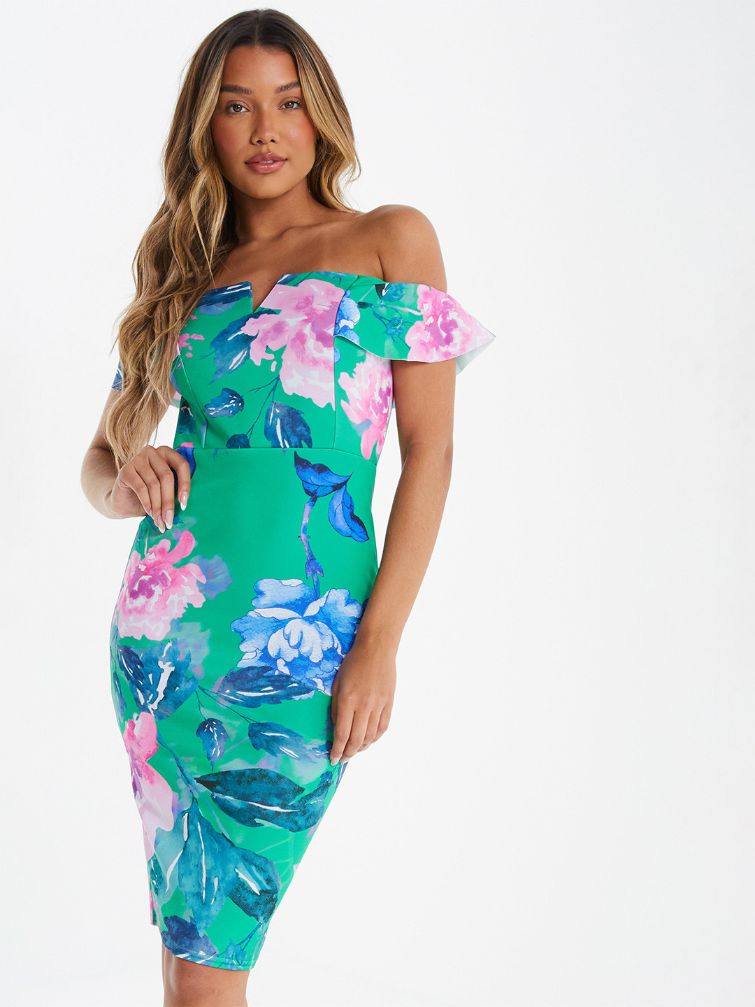 QUIZ Floral Printed Off-Shoulder Sheath Dress