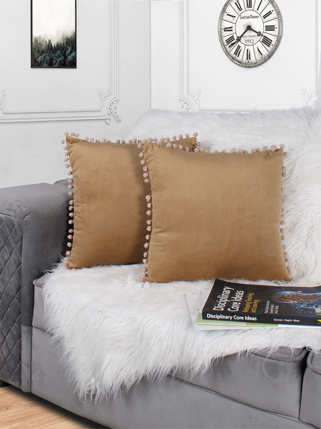 STITCHNEST Pom Brown Velvet Durable 2 Pcs Square Cushion Covers - 16 x 16 In