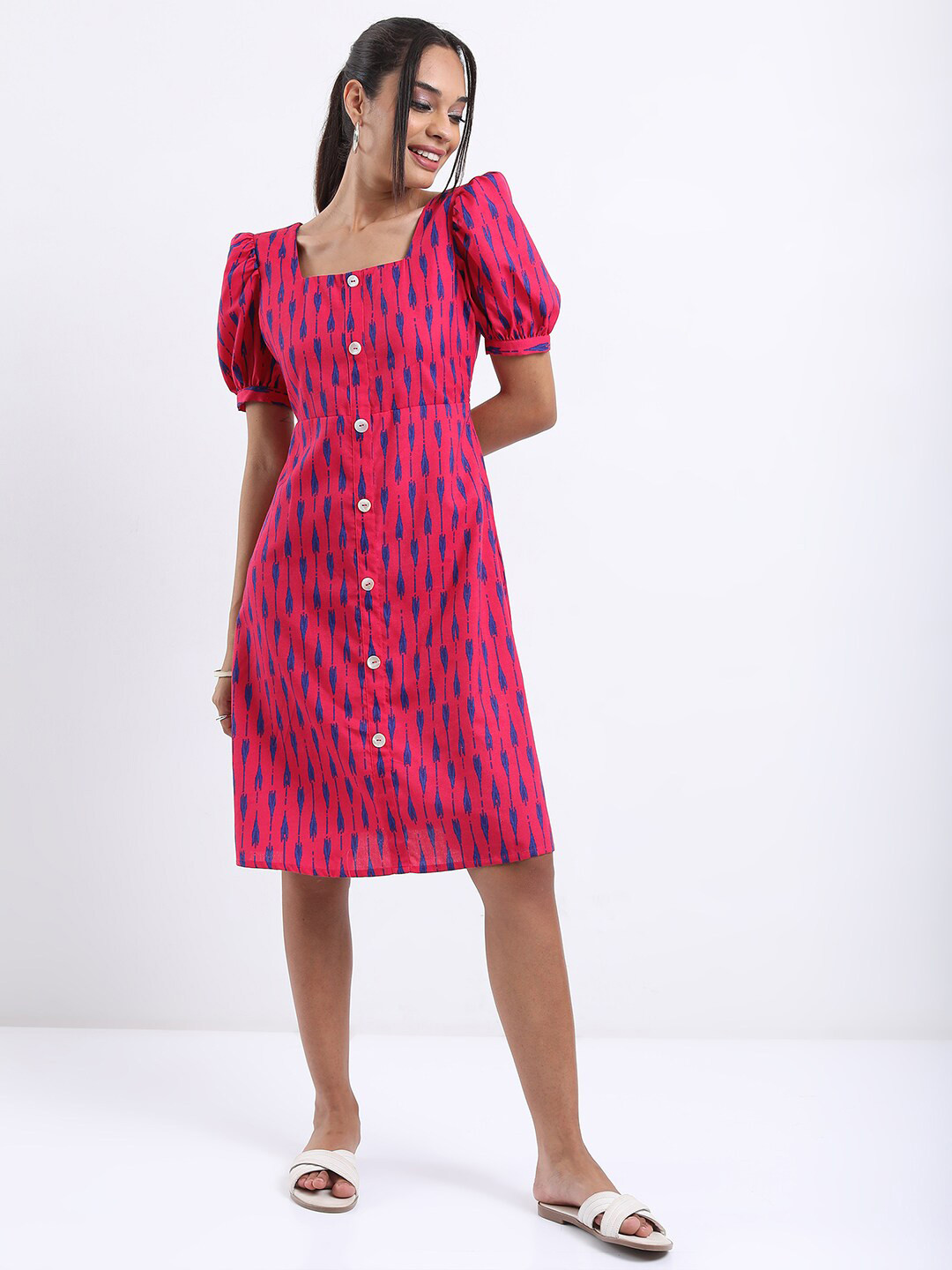 Vishudh Pink Geometric Printed Square Neck Midi A-Line Dress