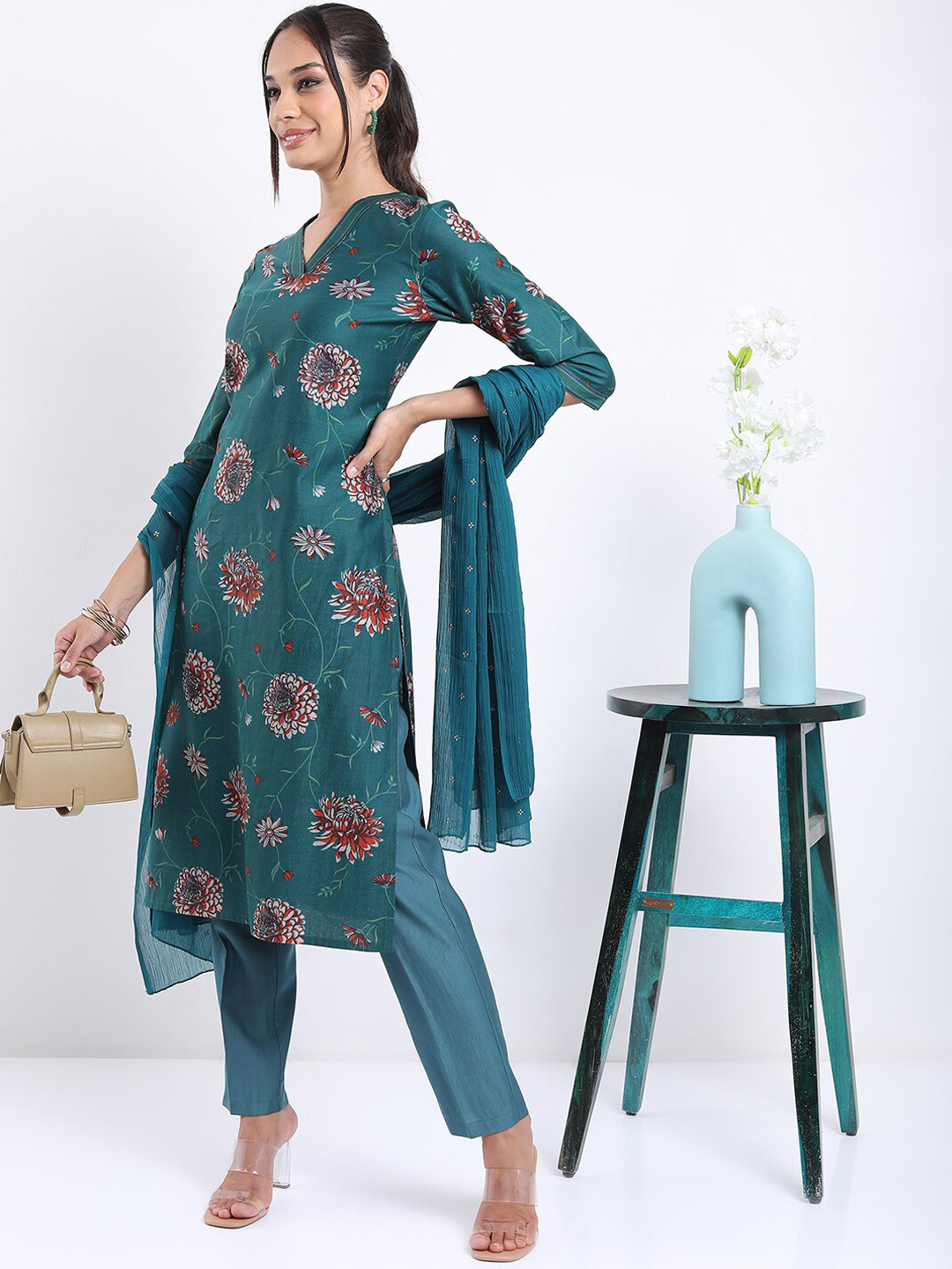 Vishudh Teal Floral Printed Straight Kurta with Trousers With Dupatta