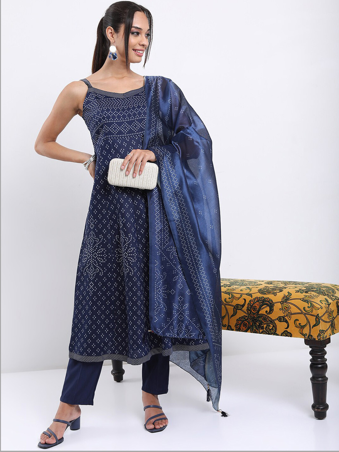 Vishudh Blue Bandhani Printed Kurta with Trousers & With Dupatta