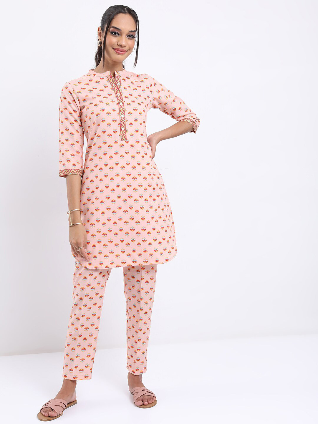 Vishudh Peach-Coloured Floral Printed Band Collar Top with Trousers
