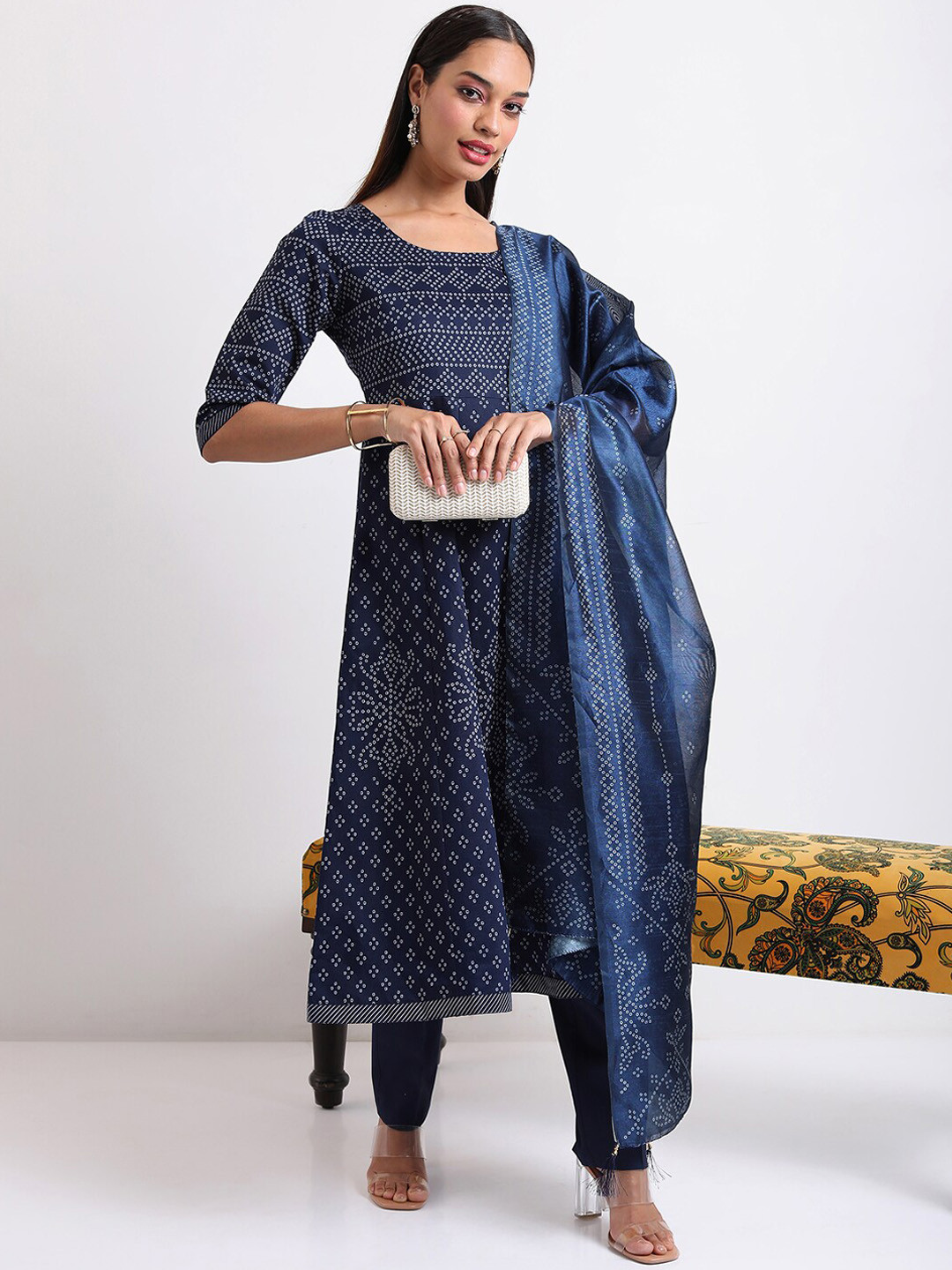 Vishudh Blue Bandhani Printed Regular Kurta with Trousers & With Dupatta