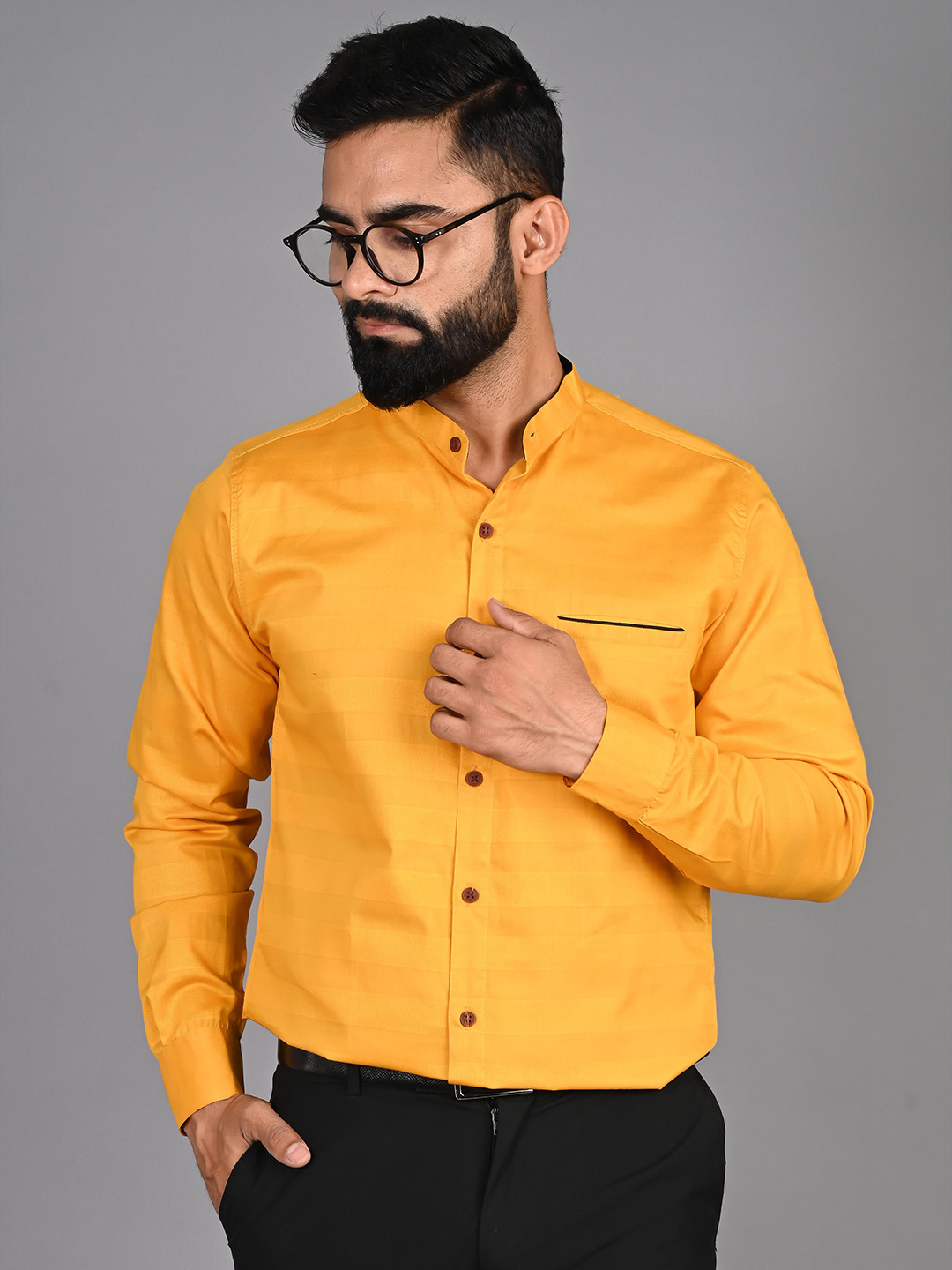 FUBAR Modern Band Collar Cotton Casual Shirt