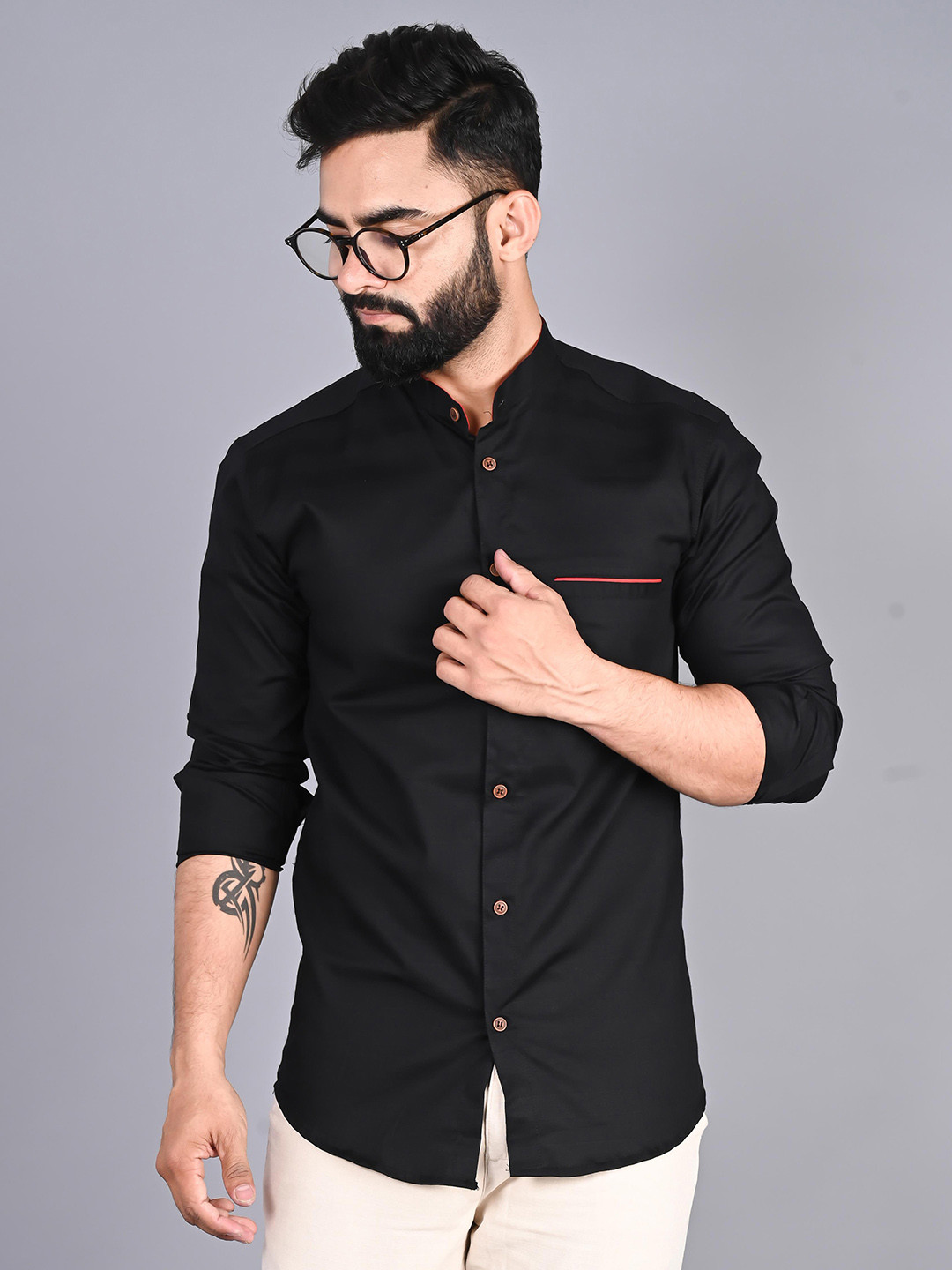 FUBAR Modern Band Collar Cotton Casual Shirt