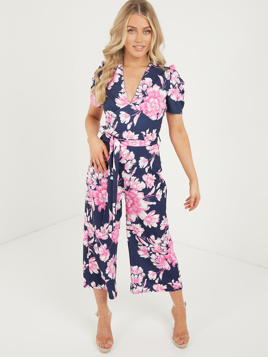 QUIZ Floral Printed Waist Tie Ups V-Neck Culotte Jumpsuit