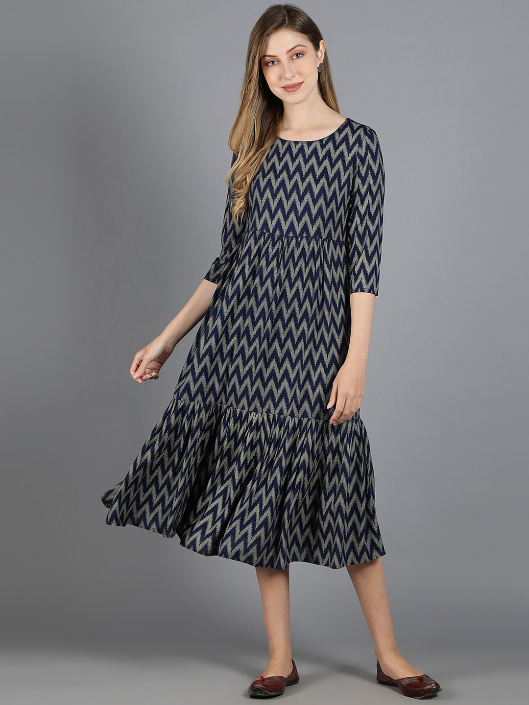HERE&NOW Navy Blue Printed Fit & Flare Tiered Midi Dress