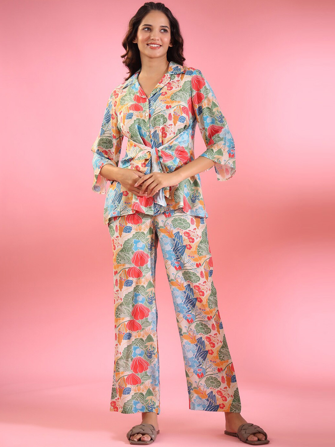 JISORA Multicoloured Floral Printed Pure Silk Lapel Collar Top With Trouser Co-Ords