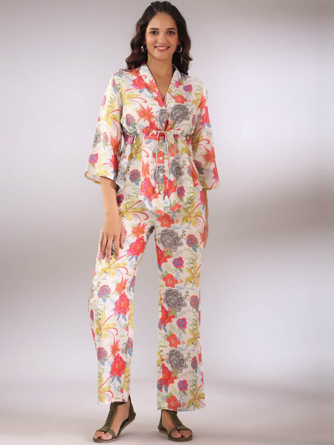 JISORA Floral Printed Shawl Neck Top with Trousers Co-Ords