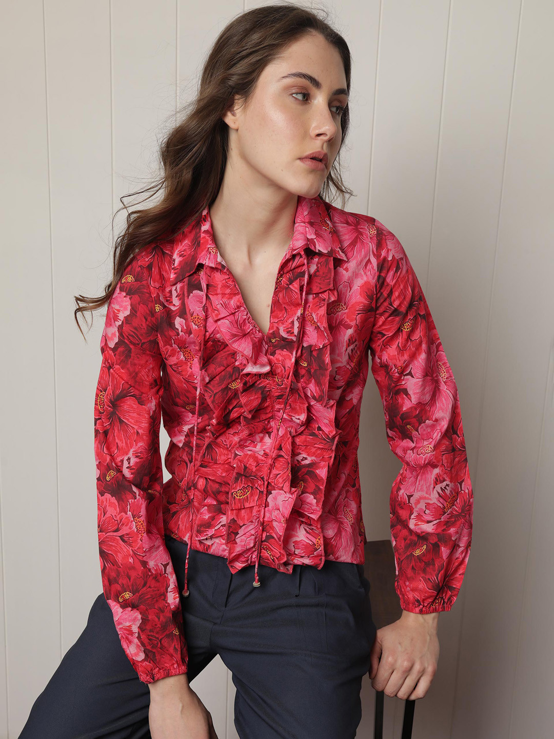 RAREISM Floral Printed Ruffled Cuff Sleeves Tie-Up Neck Cotton Top