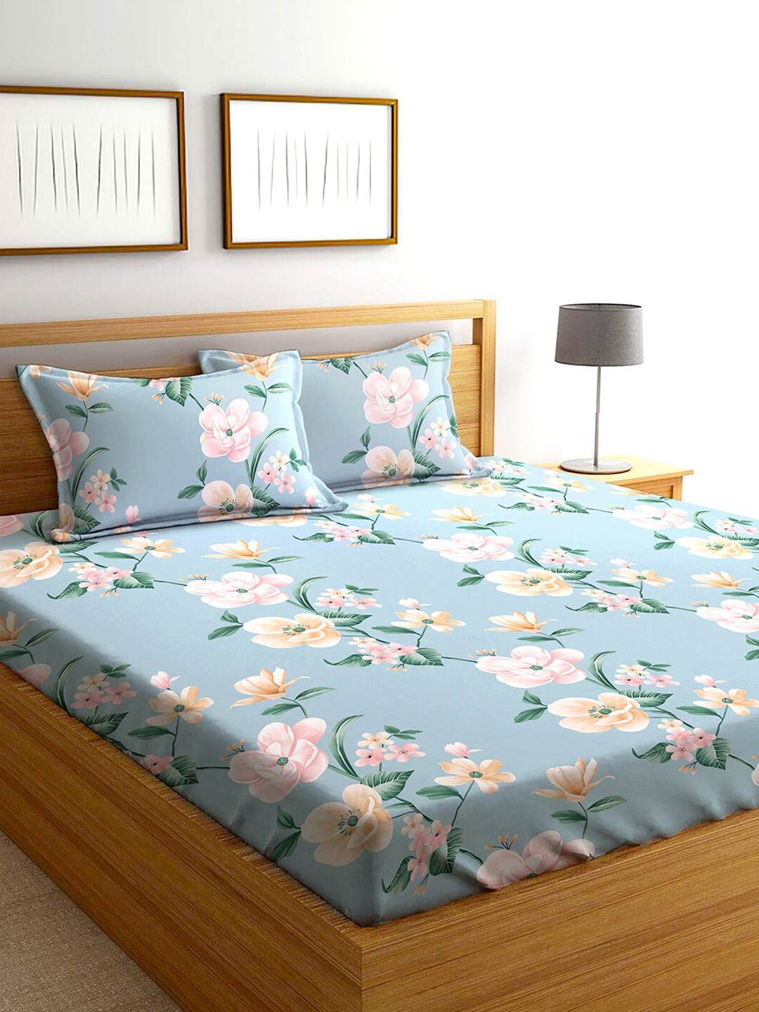 AEROHAVEN Yamuna Blue Floral Cotton 240 TC Queen Fine Bedsheet with 2 Pillow Covers-100 x 90 inches