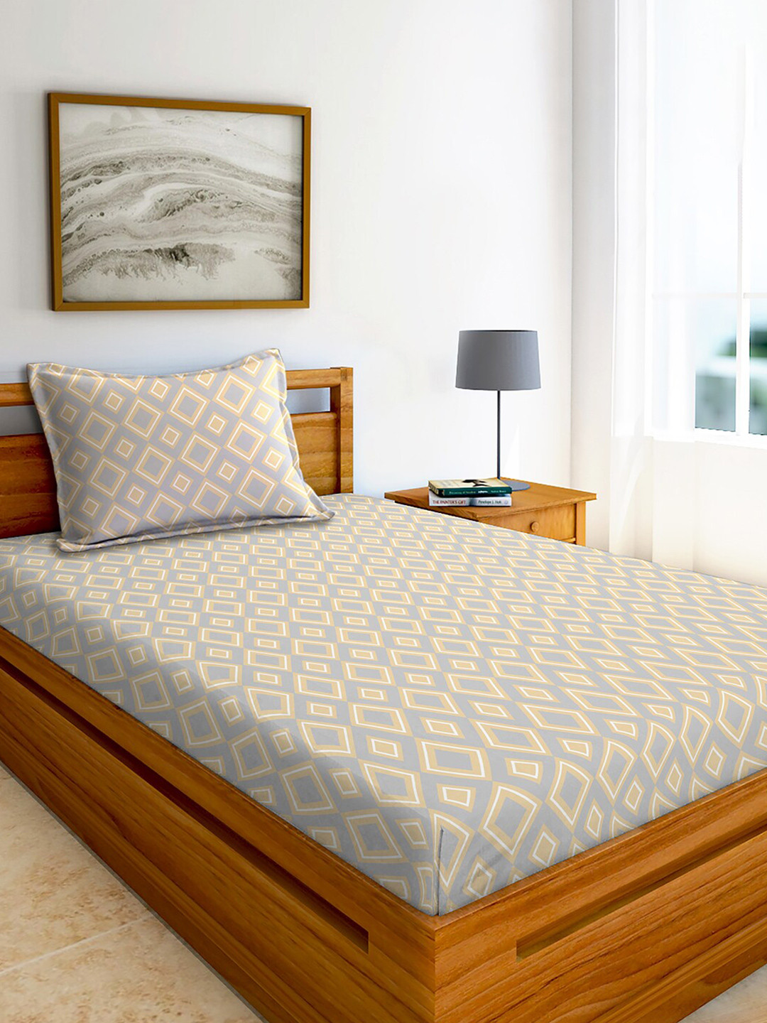 AEROHAVEN Maple Grey Geometric Cotton 240 TC Single Fine Bedsheet with a Pillow Cover-90 x 60 inches