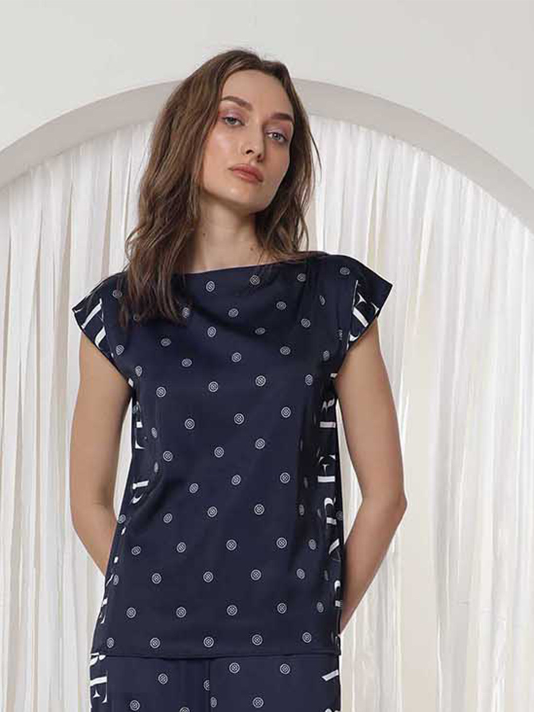 RAREISM Navy Blue Conversational Printed Extended Sleeves Round Neck Top